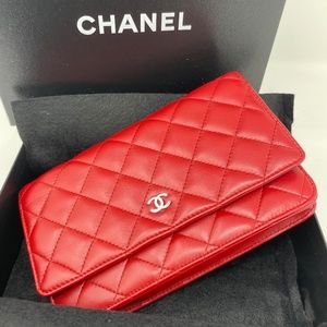 SOLD CHANEL Red Lambskin Wallet on Chain Silver HW